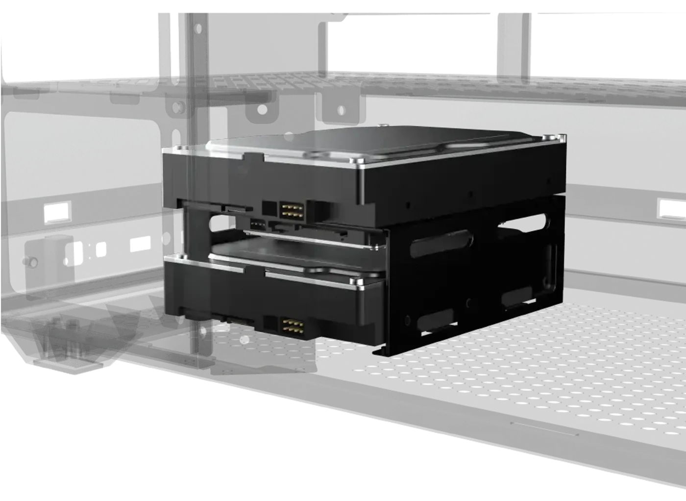 Hard drive cage for two 3.5-inch drives in the Xigmatek Meta case