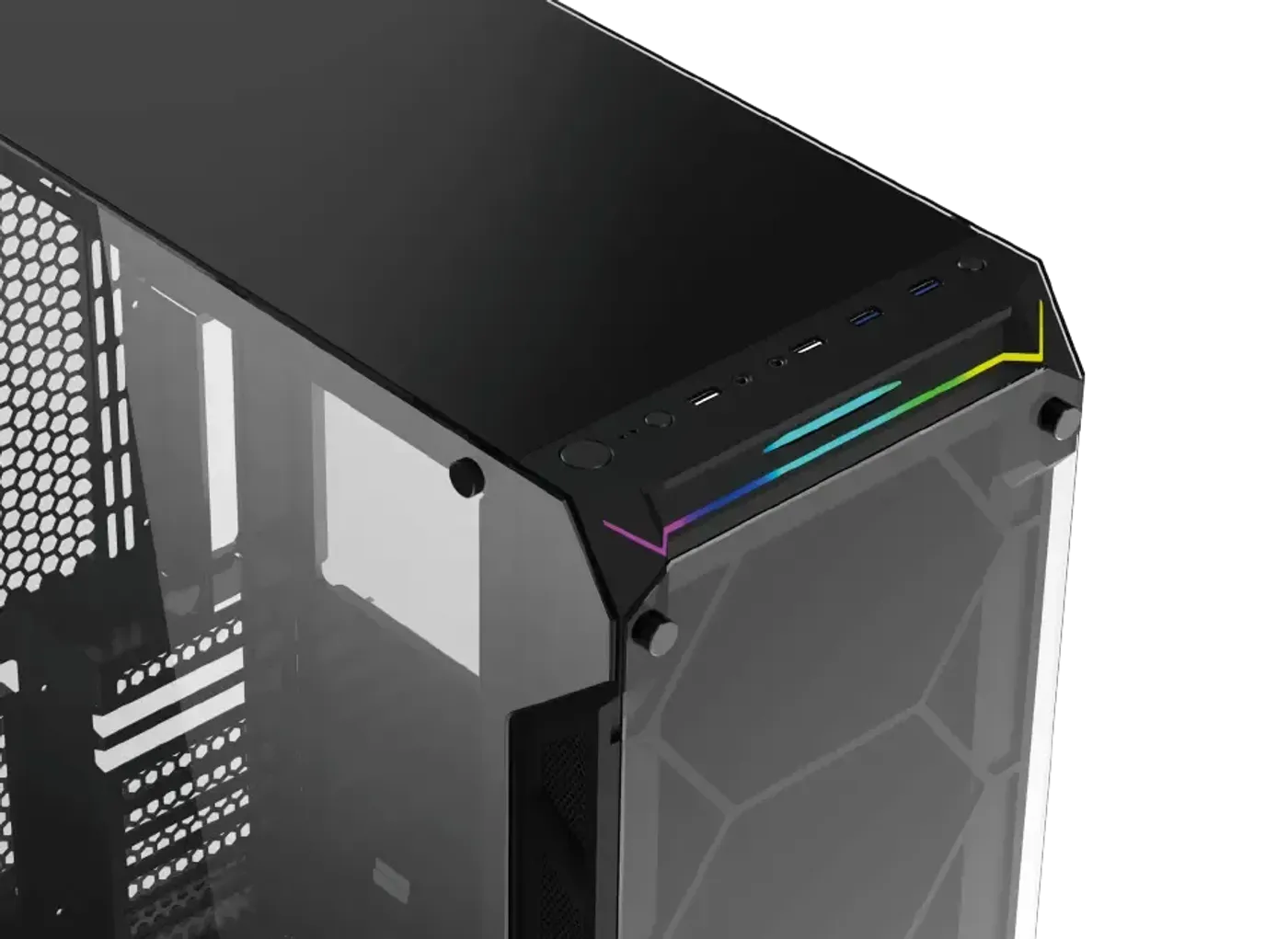 Xigmatek Overtake EATX gaming case with its crown-shaped RGB front panel lit