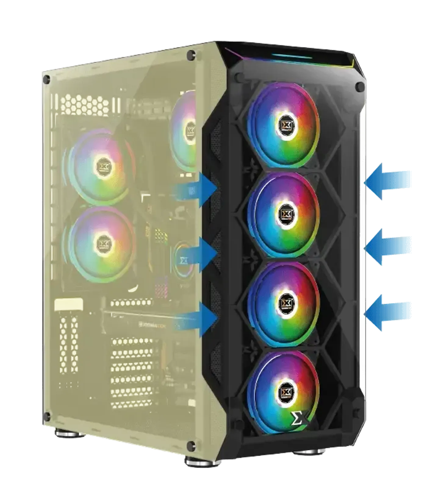 Tempered glass panels and side vents on the Xigmatek Overtake