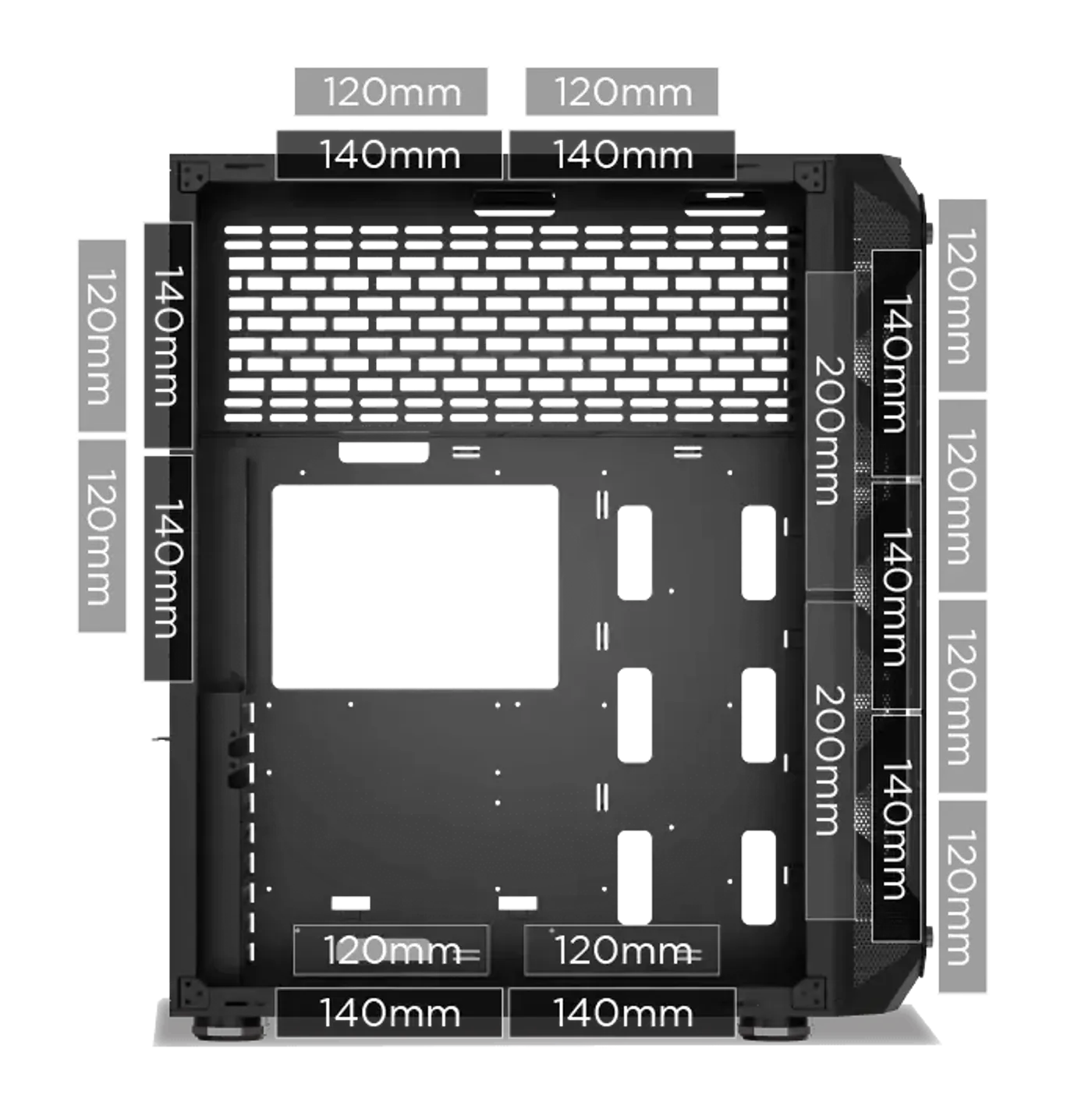 Fan mounting positions throughout the Xigmatek Overtake EATX chassis