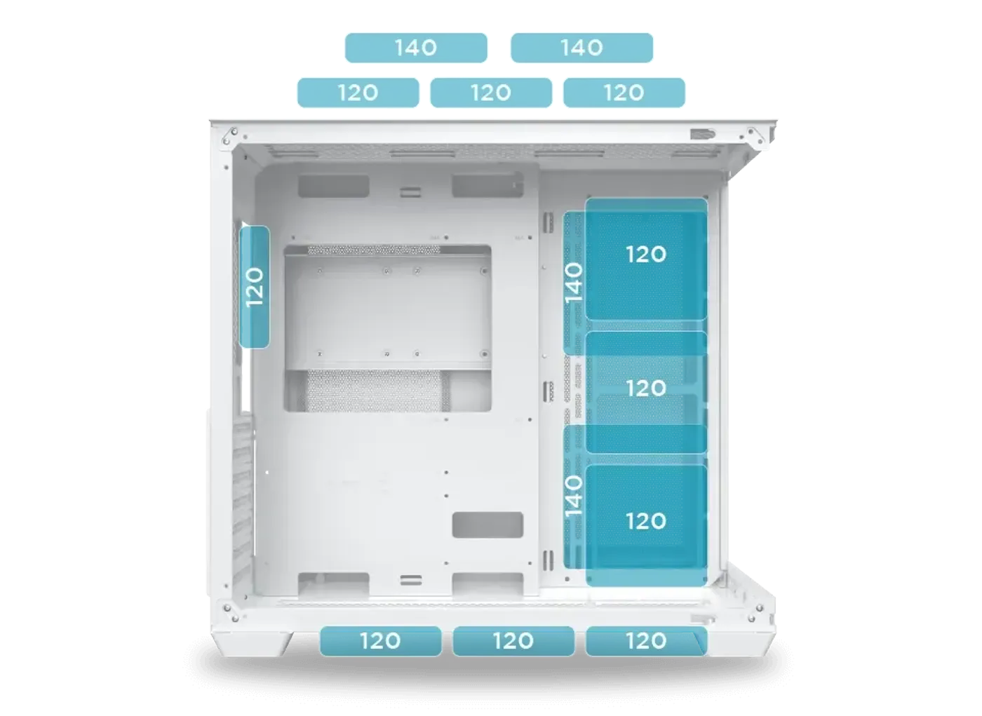 Fan mounting locations on the Xigmatek Pano Arctic gaming case