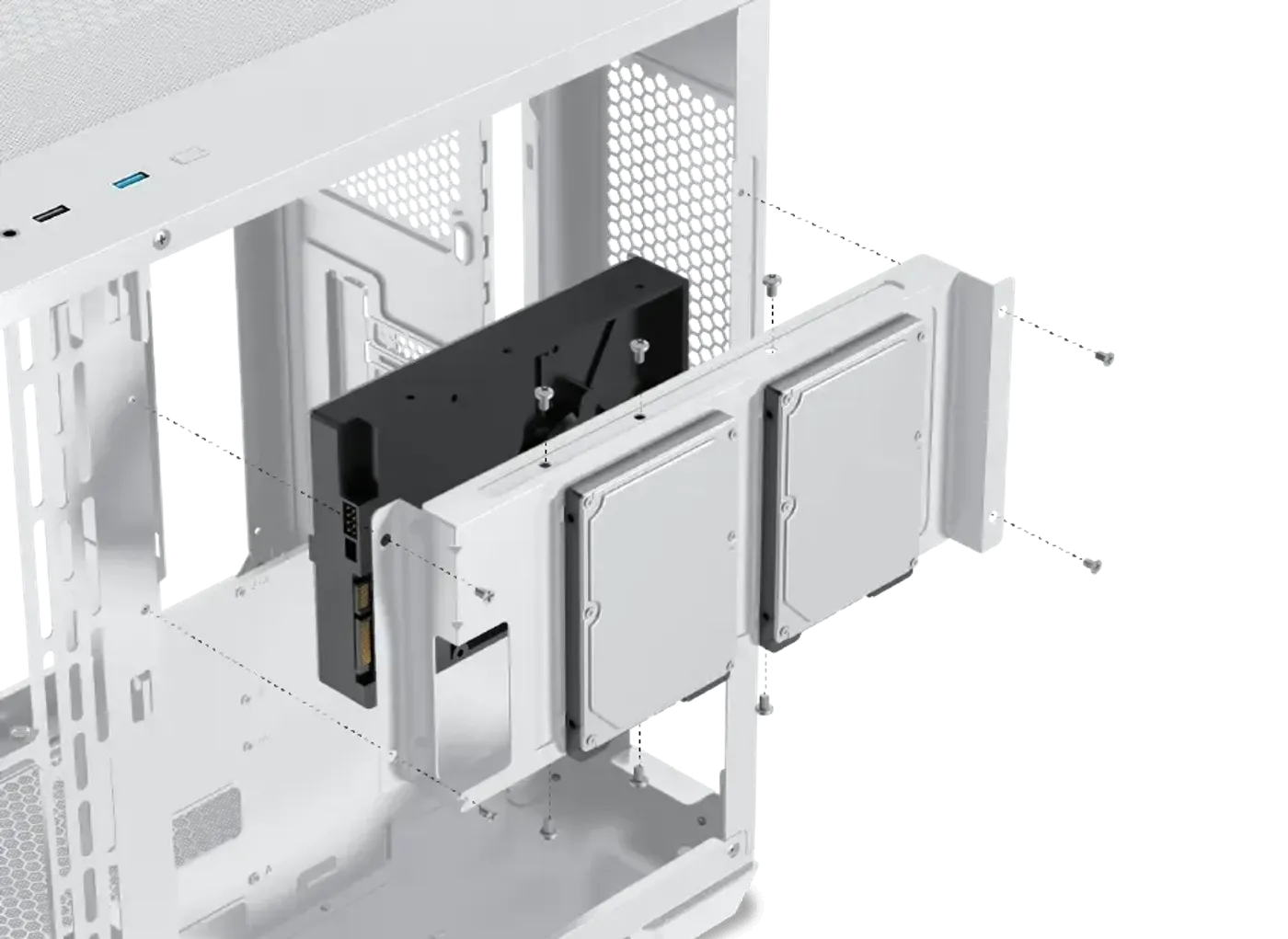 Compact HDD cage inside the Xigmatek Pano Arctic chassis