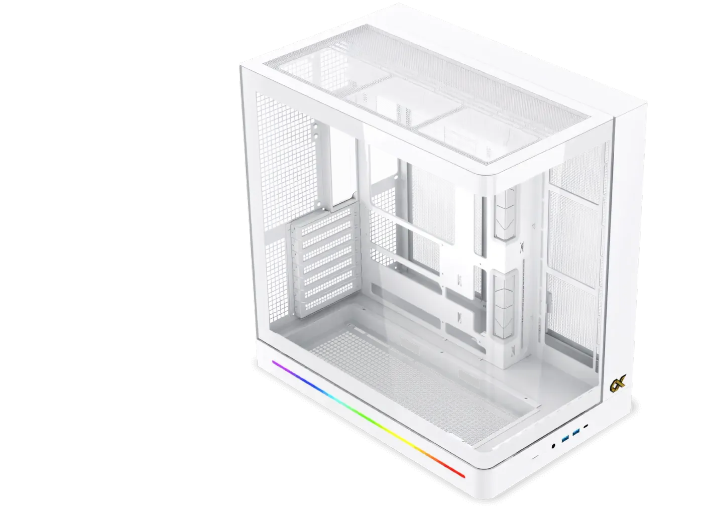 Computer case featuring a single-piece curved tempered glass panel for panoramic viewing