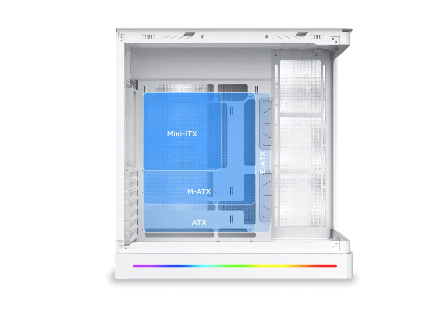 Image illustrating the various supported motherboard form factors including E-ATX, ATX, M-ATX, and ITX