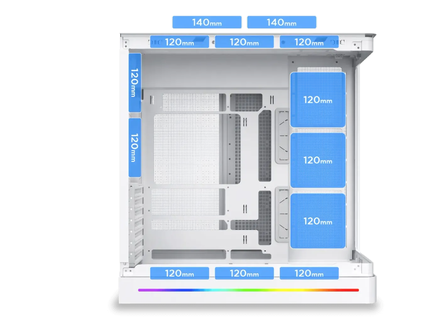Diagram illustrating the fan mounting locations and compatible sizes for cooling