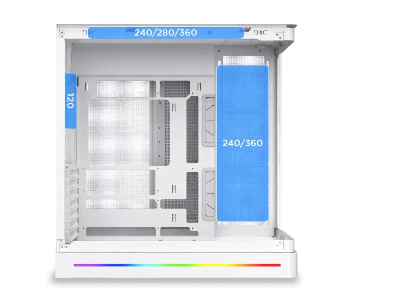 Diagram detailing the compatible liquid cooling radiator sizes for top, side, and rear mounting