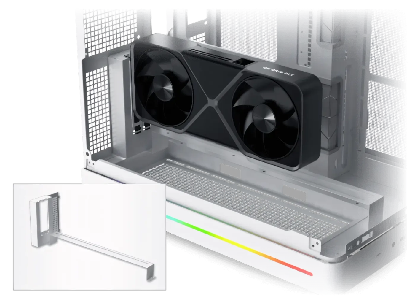 Close-up showing the included vertical GPU bracket for display mounting