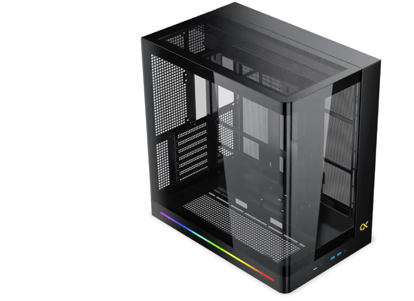 Single-piece curved tempered glass panel on the computer case