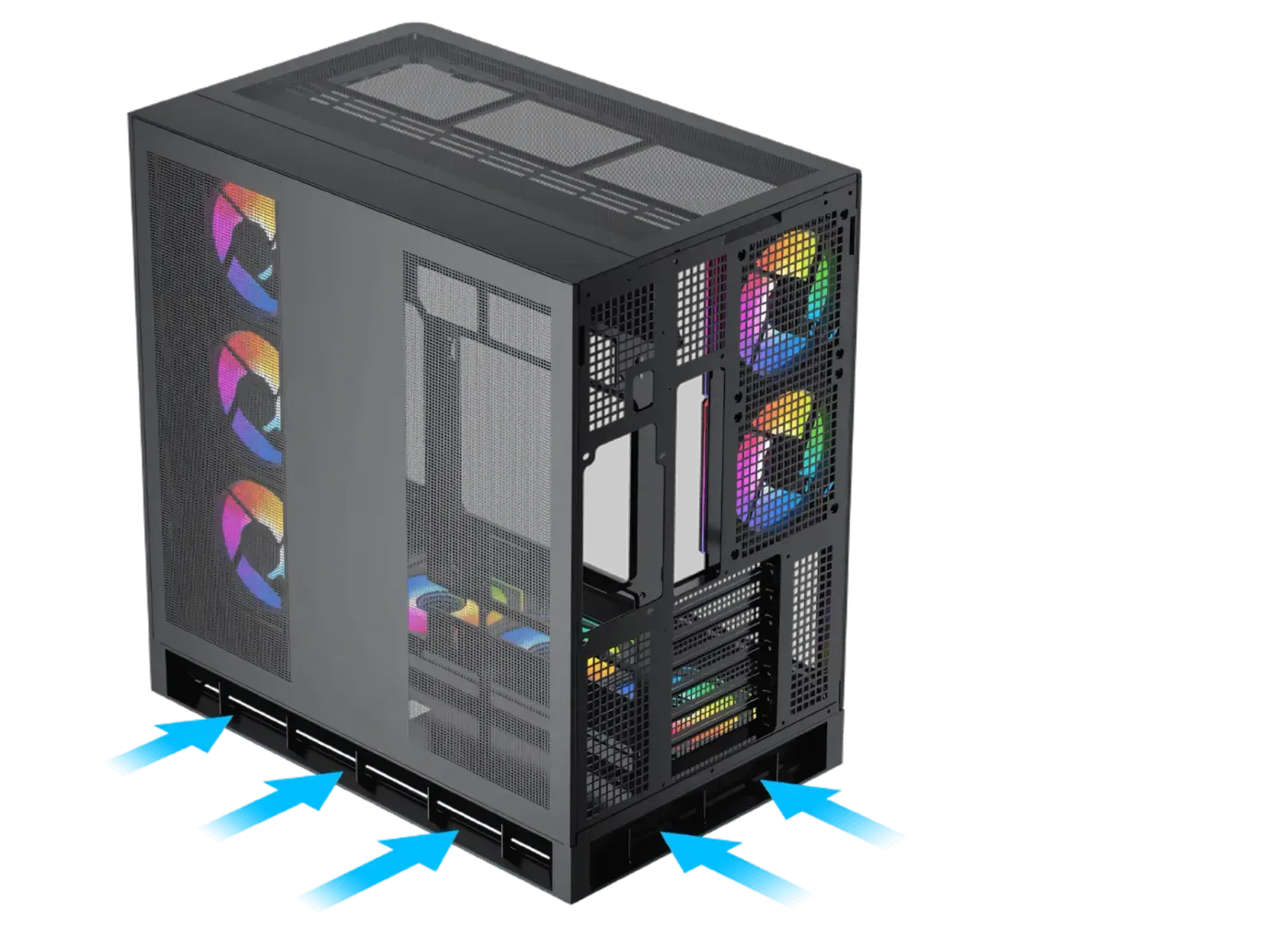 Diagram illustrating the optimized airflow paths within the computer case