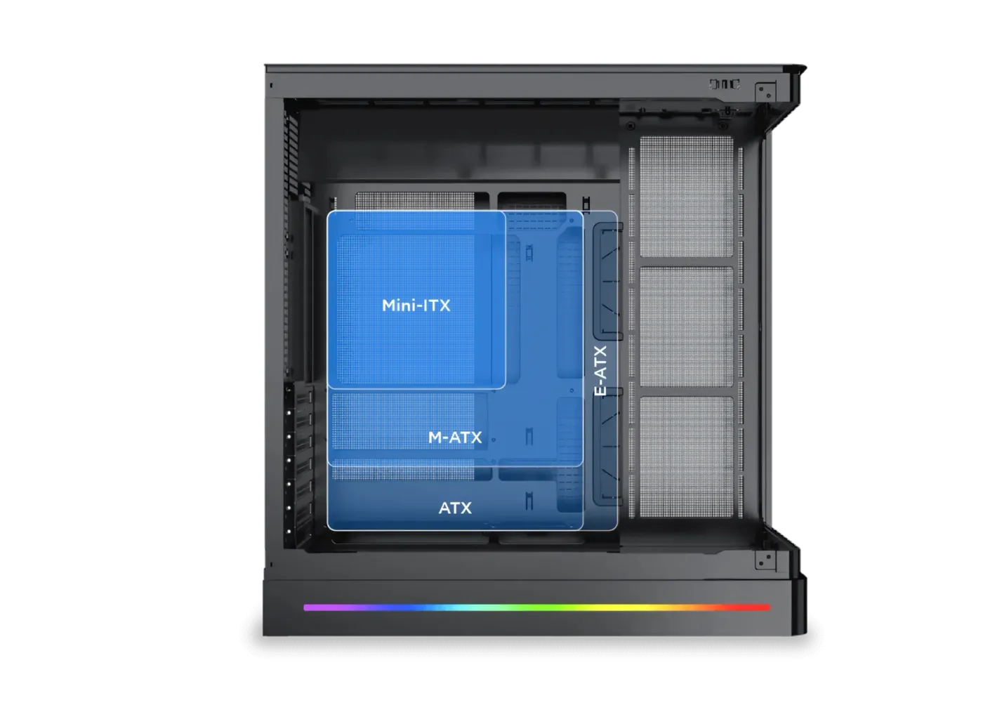 Internal view of the computer case showing supported motherboard form factors and placement