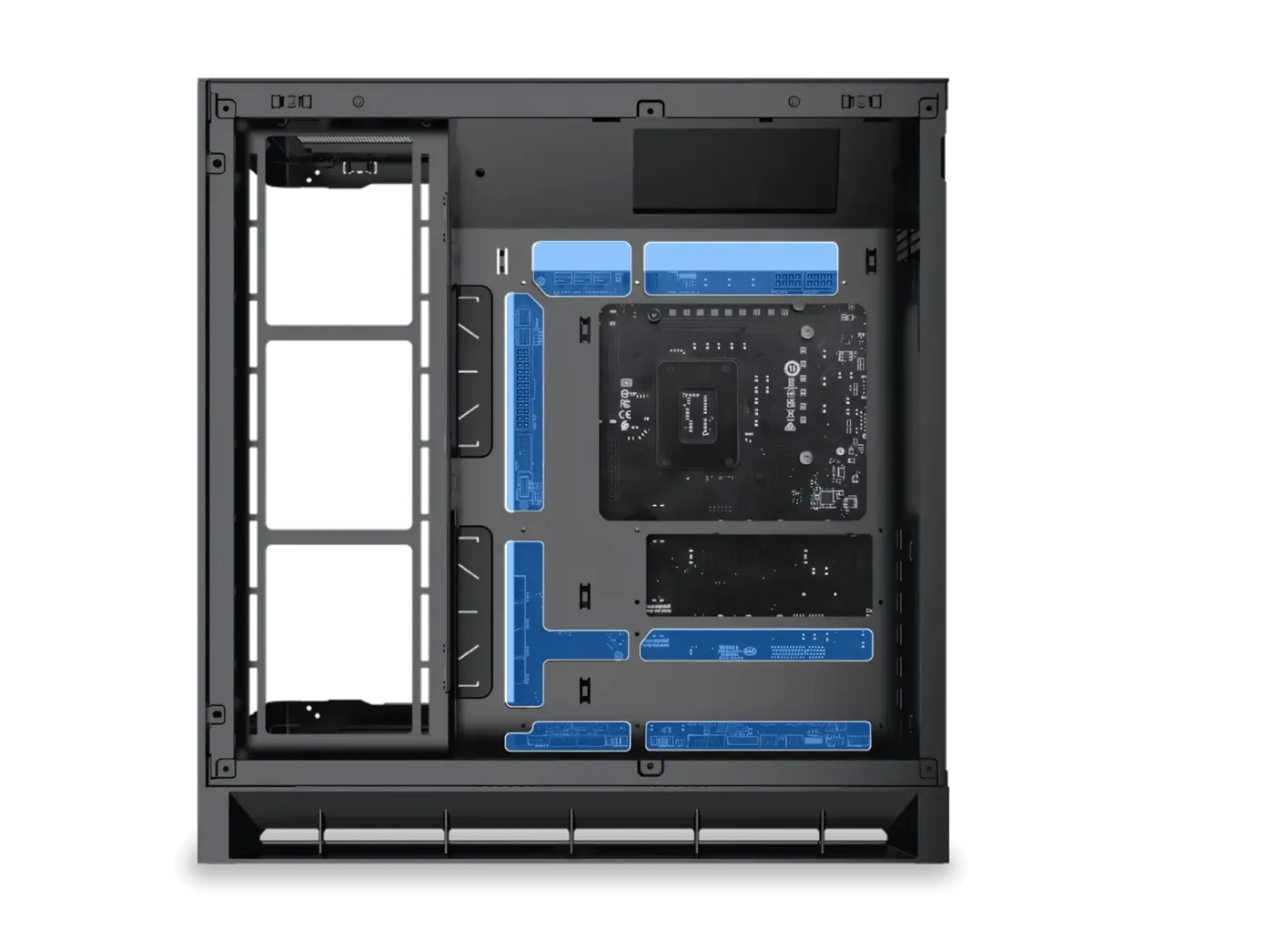 Close-up view of the chassis supporting a back plug style ATX motherboard