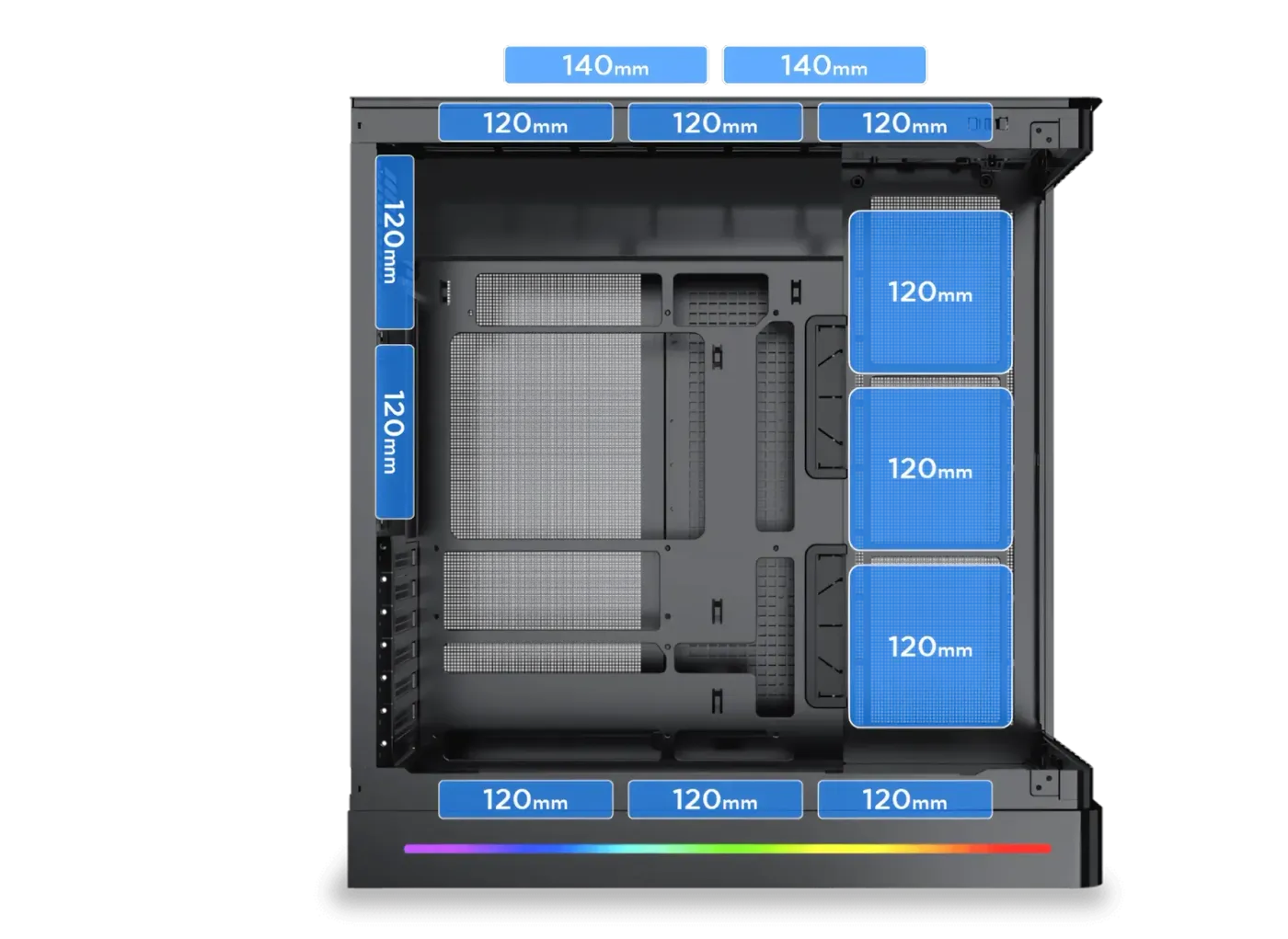 Diagram showing the various fan and radiator mounting locations and sizes within the computer case