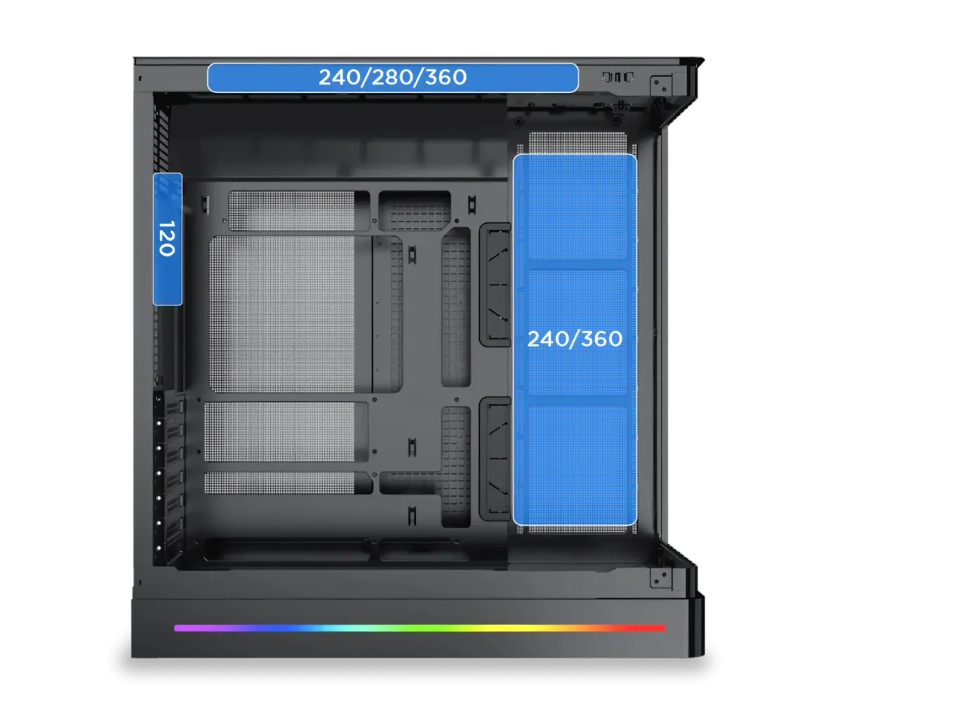 Diagram showing compatible liquid cooling radiator sizes for the top, side, and rear of the case
