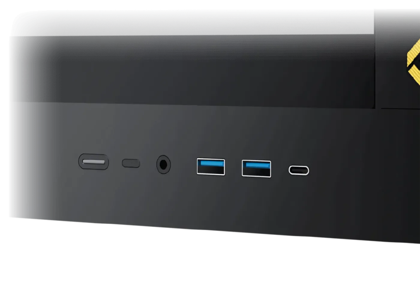 Close-up of the front mounted I/O ports including USB 3.0, USB-C, and audio jacks