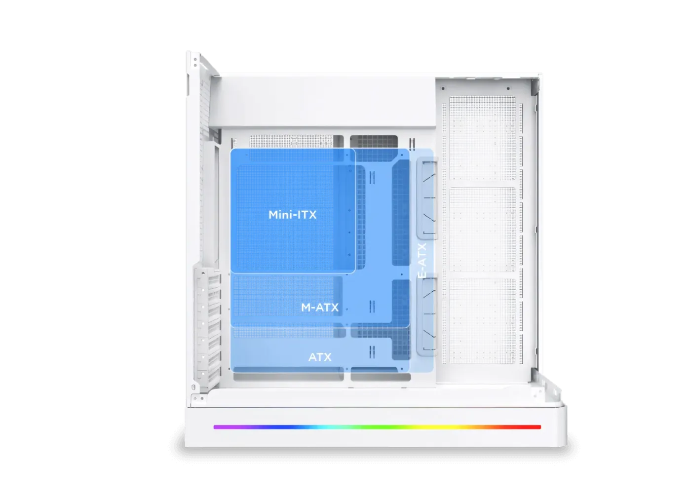 Internal layout of the PC case showing support for E-ATX, ATX, M-ATX, and ITX motherboards