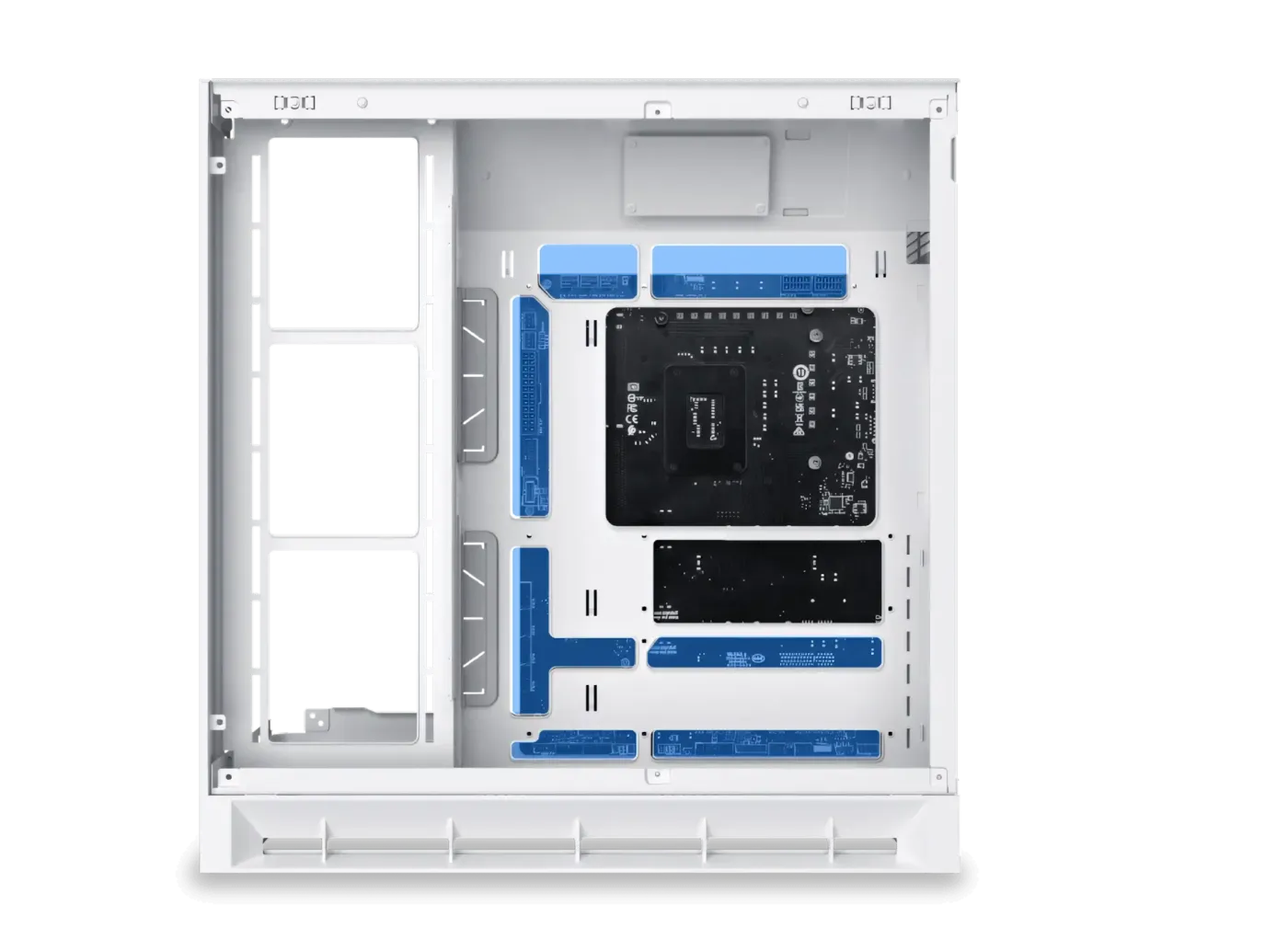 PC case interior showing compatibility for ATX and M-ATX motherboards with back plug connectors