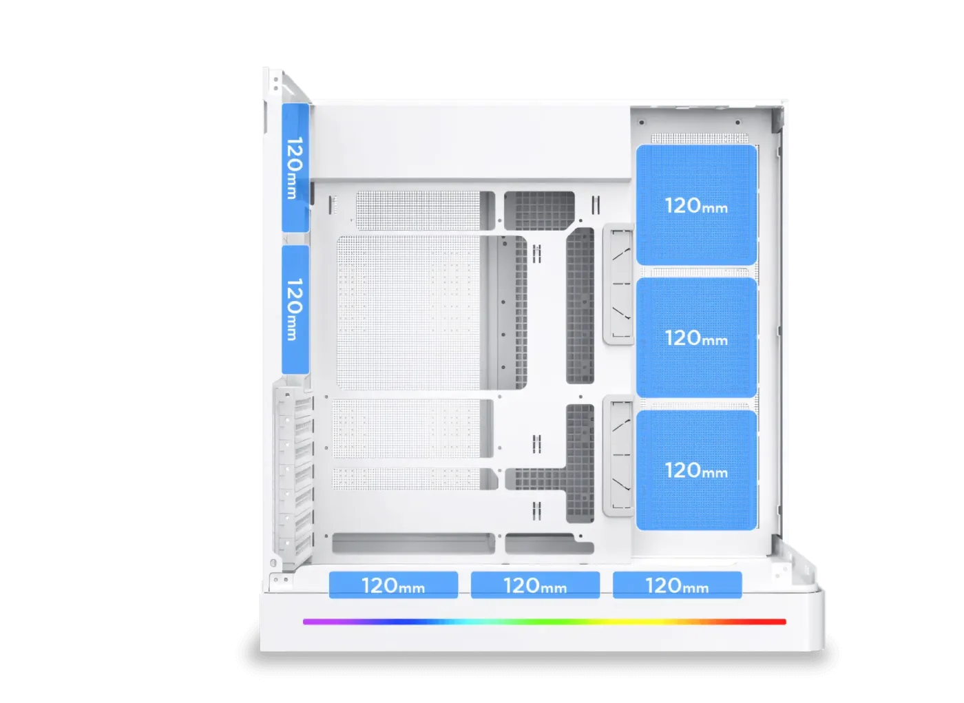 Diagram detailing the placement and quantity of 120mm cooling fans supported on the side, bottom, and rear of the case