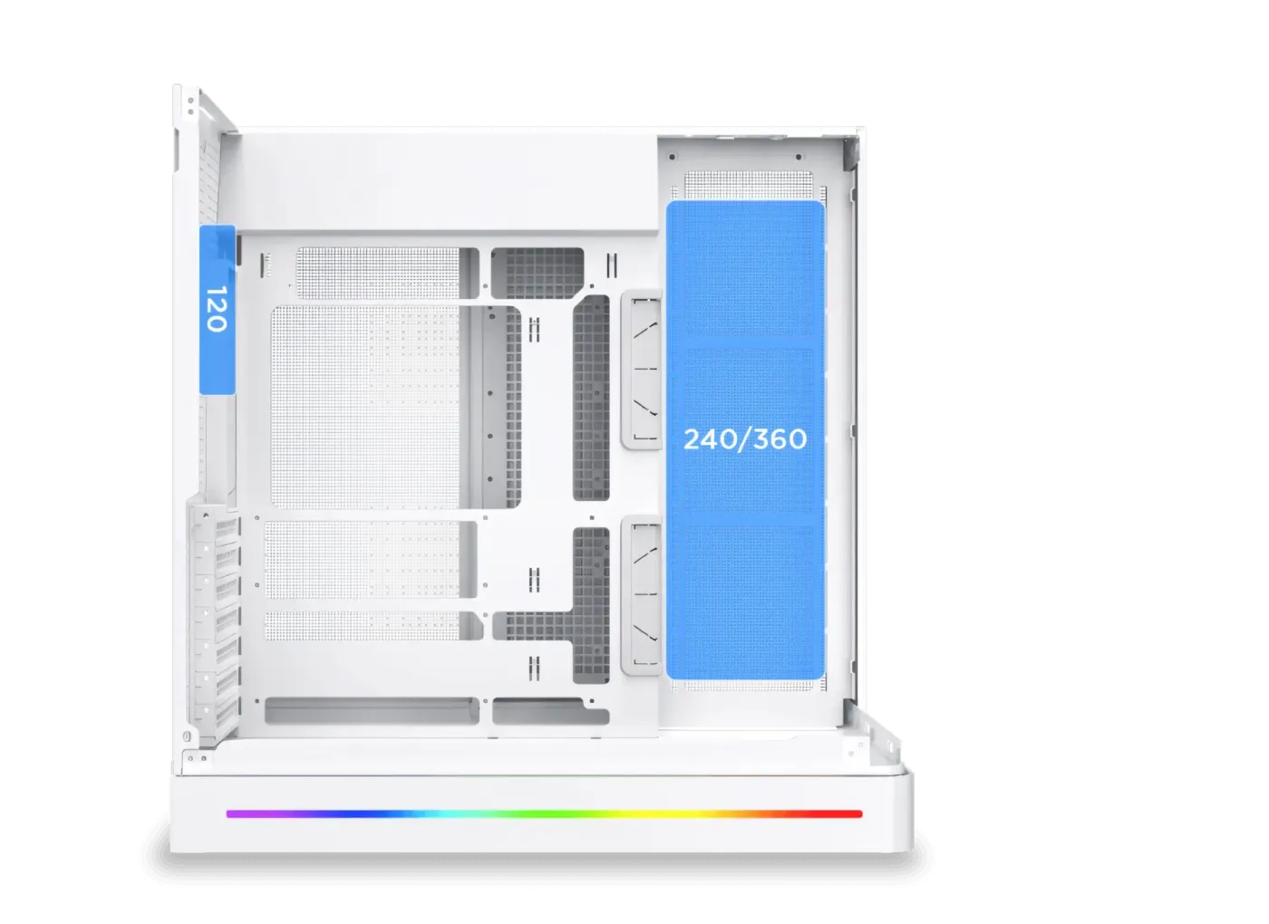 Diagram showing the supported locations and sizes for liquid cooling radiators on the case side and rear
