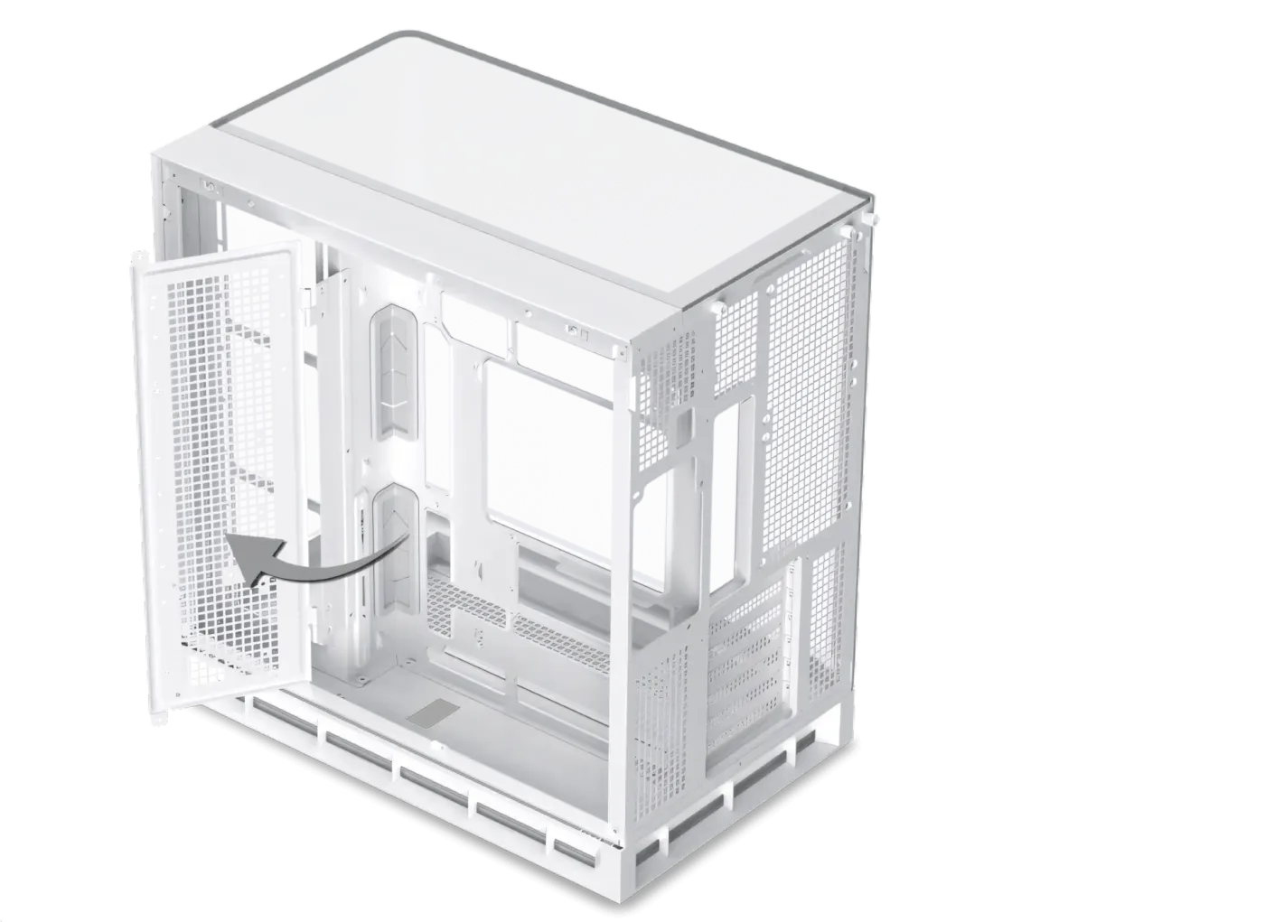 Internal PC case view showing the flip cover mechanism for SSD and HDD mounting