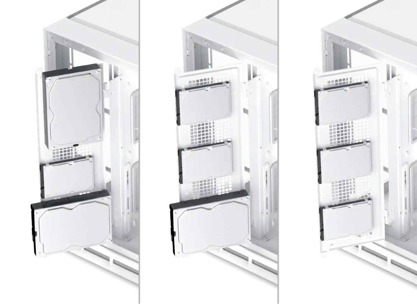 Internal drive cages showing the various supported combinations of 3.5-inch and 2.5-inch storage drives