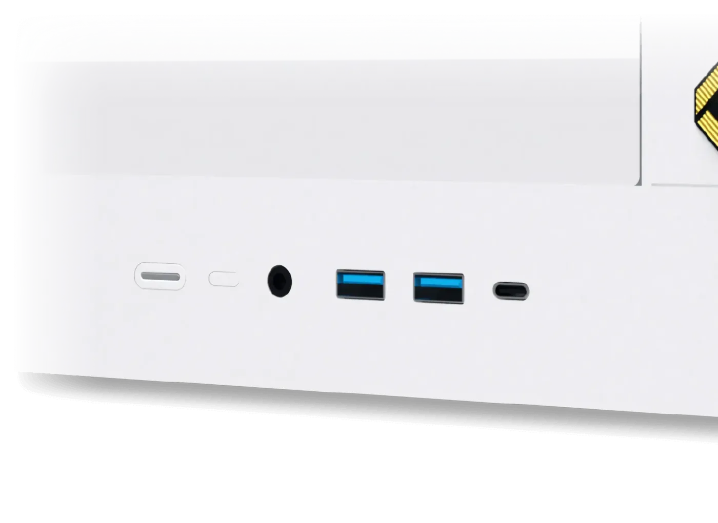 Close-up image of the front panel I/O ports including USB-C, USB 3.0, and audio jacks
