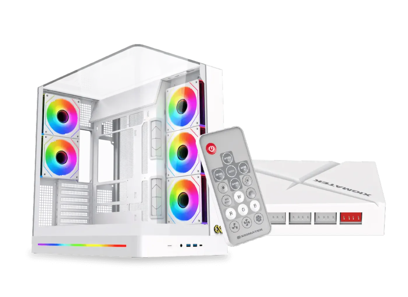 Image showing the ARGB and PWM control box with its included remote controller for lighting and fan speed