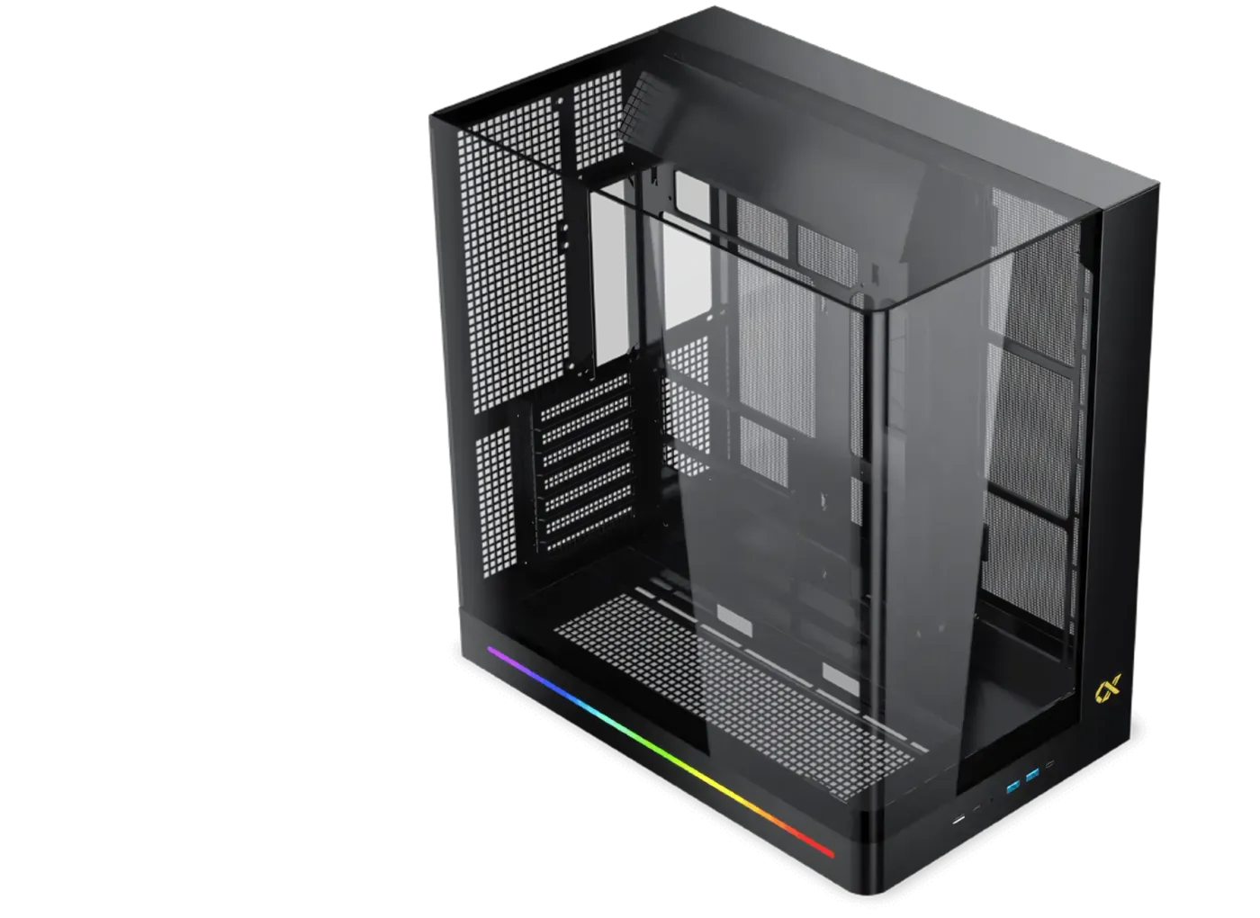 Image showing the Xigmatek Pano II PC case with the 9-inch secondary monitor installed and displaying content