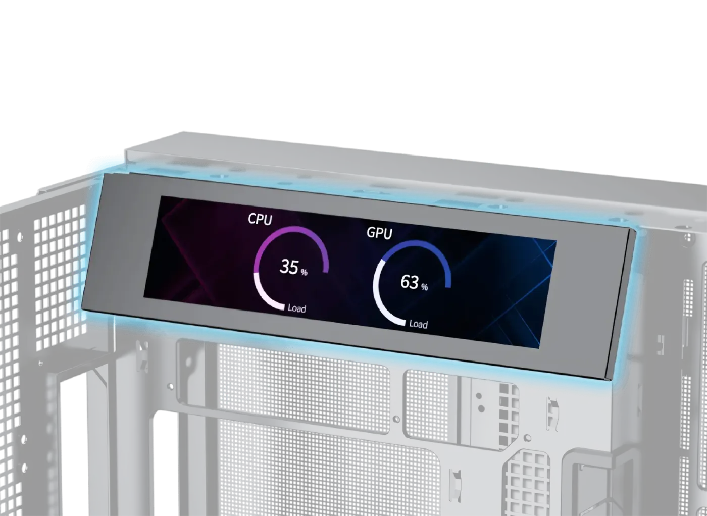 Image showing the Xigmatek Pano II PC case with the 9-inch secondary monitor installed and displaying content