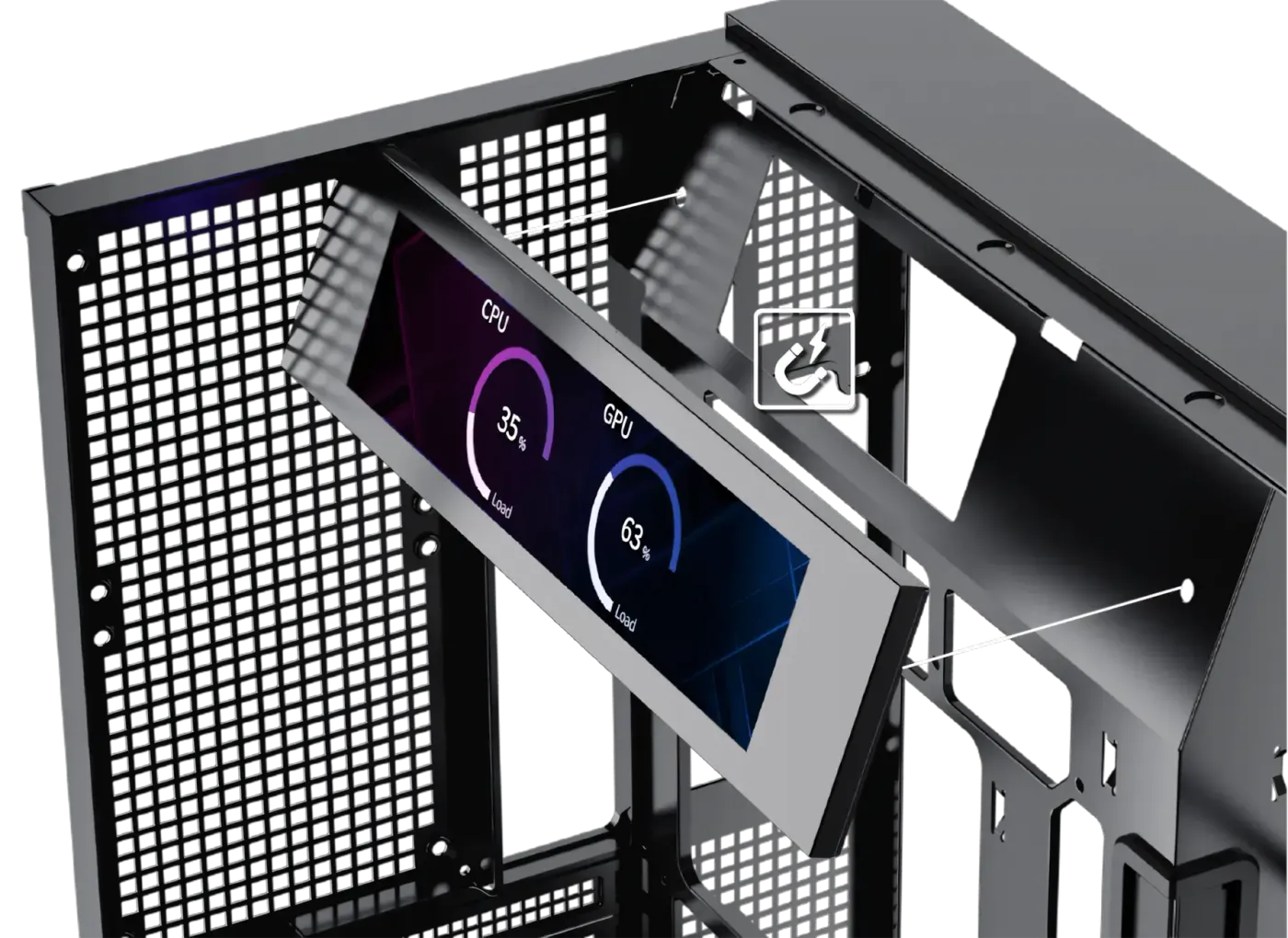 Close-up view demonstrating the magnetic mounting system for the secondary monitor in the chassis