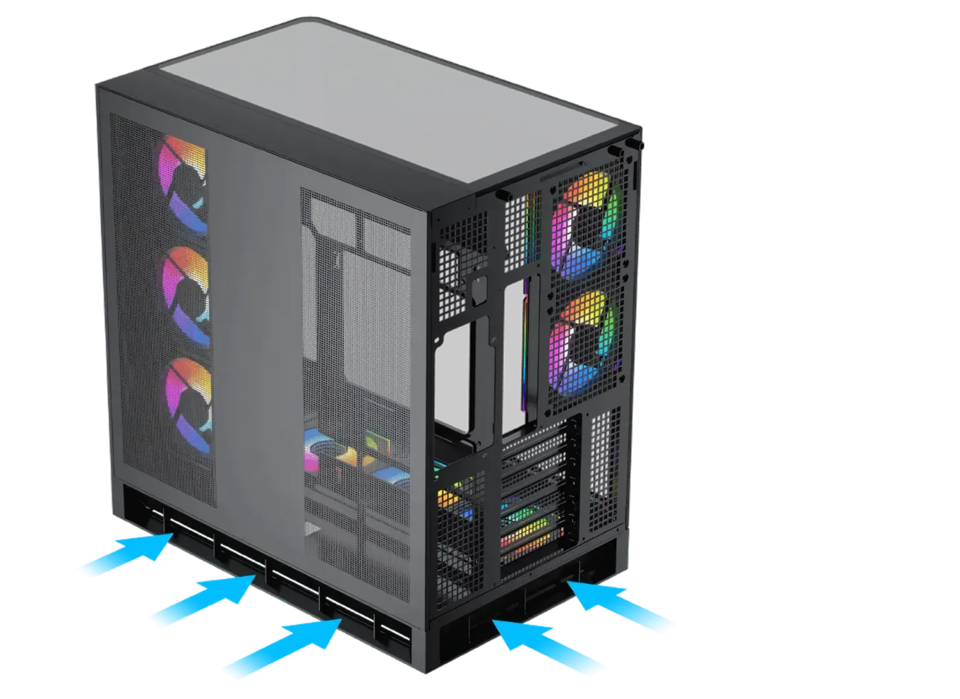 Diagram illustrating the optimized internal airflow path and management within the PC case