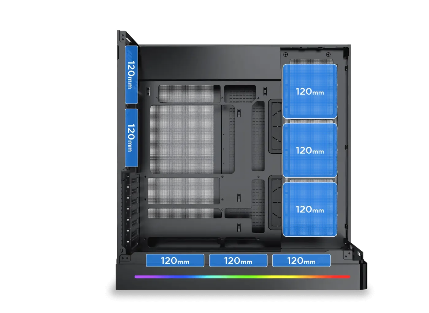 Diagram illustrating fan placement options on the side, bottom, and rear of the PC case