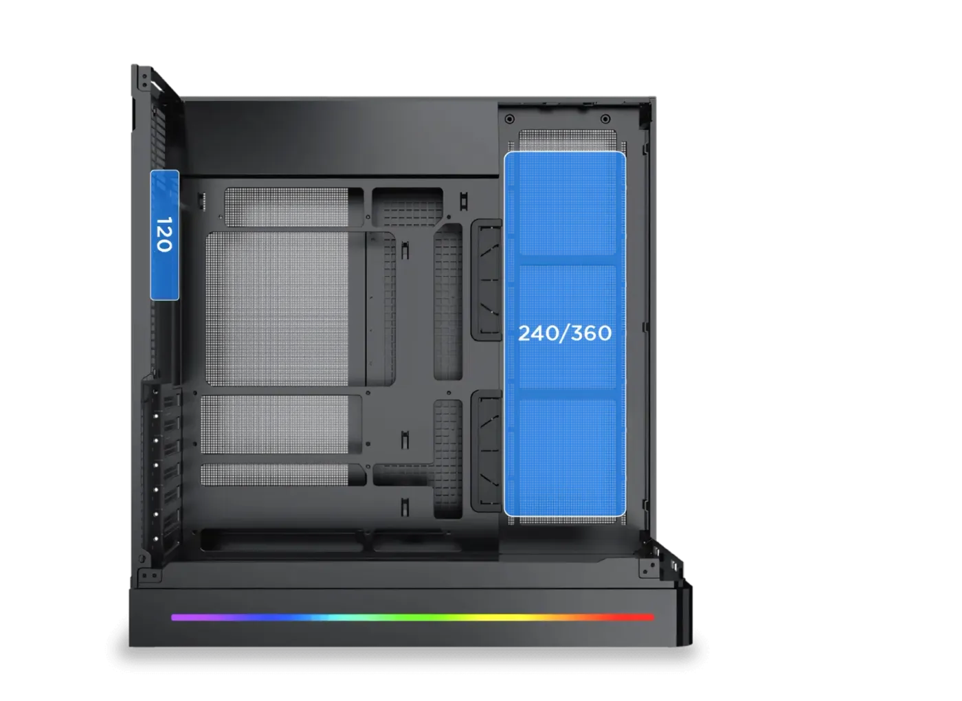 Internal view of PC case highlighting locations for liquid cooling radiator installation