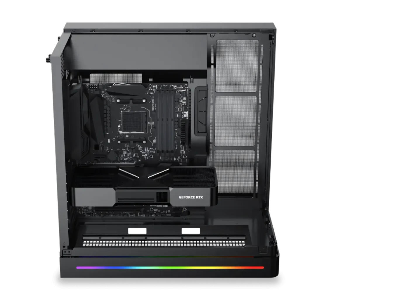 Internal view of PC case highlighting locations for liquid cooling radiator installation