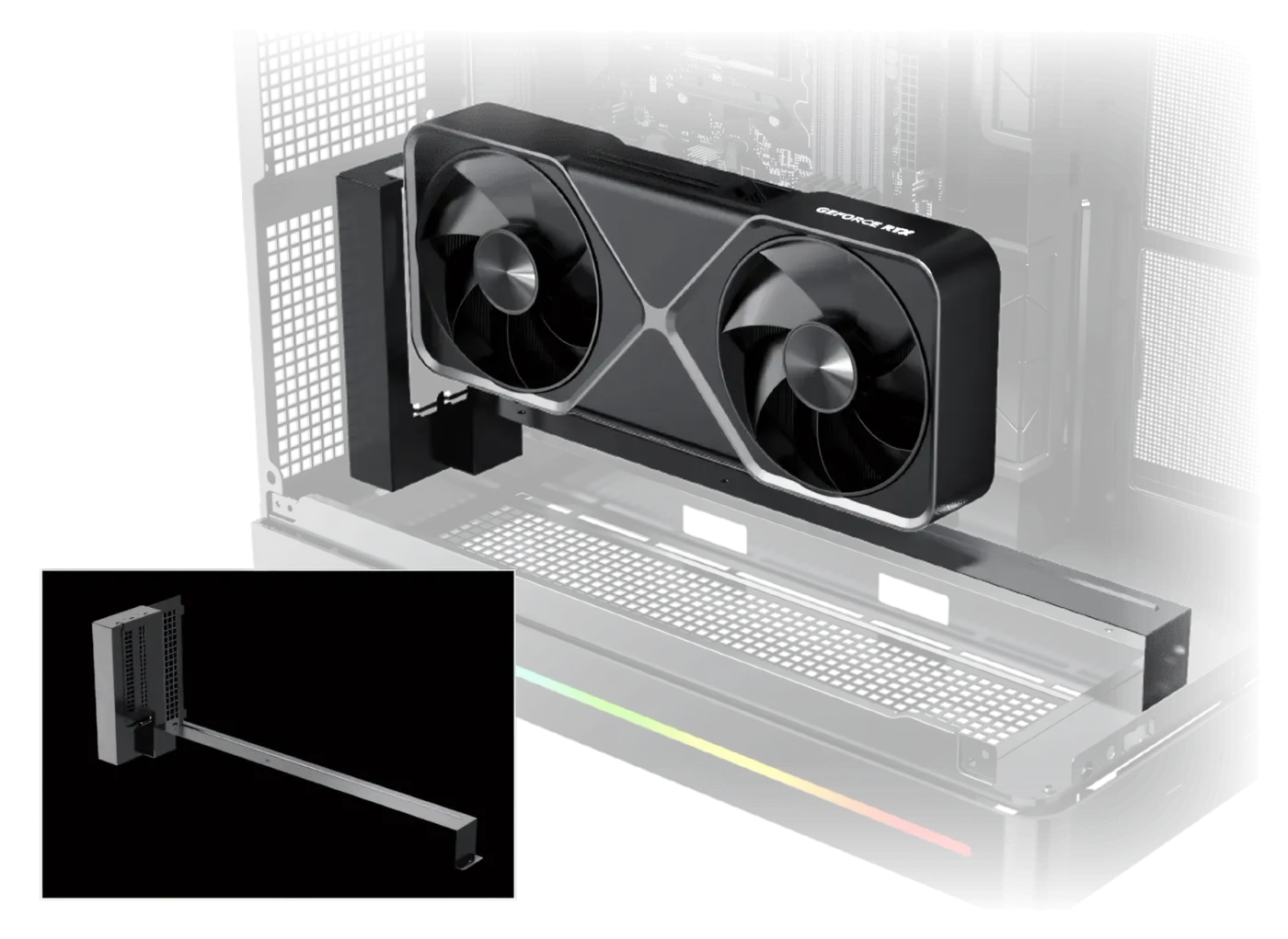 Internal view of a PC build showcasing a graphics card installed vertically