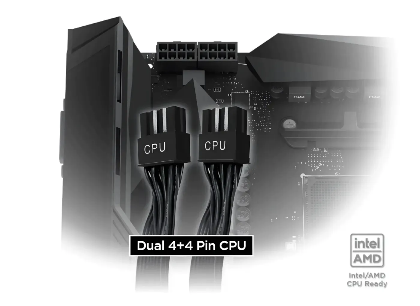 Image of the power supply connectors highlighting the dual CPU connector support