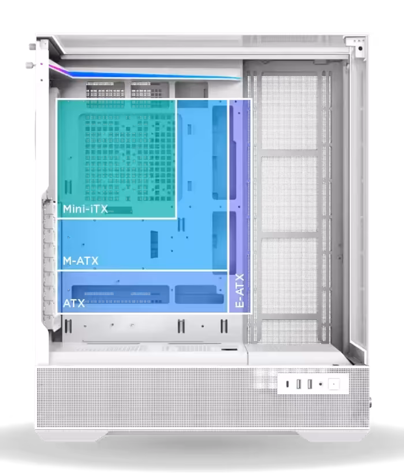 Interior of the Vision Pro Arctic showing motherboard tray clearance for E-ATX boards