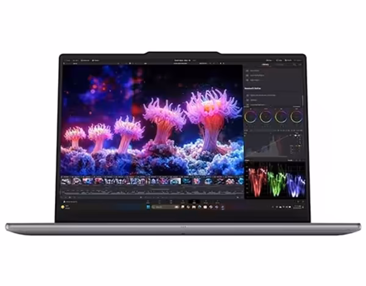 Front view of the Lenovo Yoga Pro 7i Gen 11 Aura Edition (15” Intel) with undersea creatures on the display.