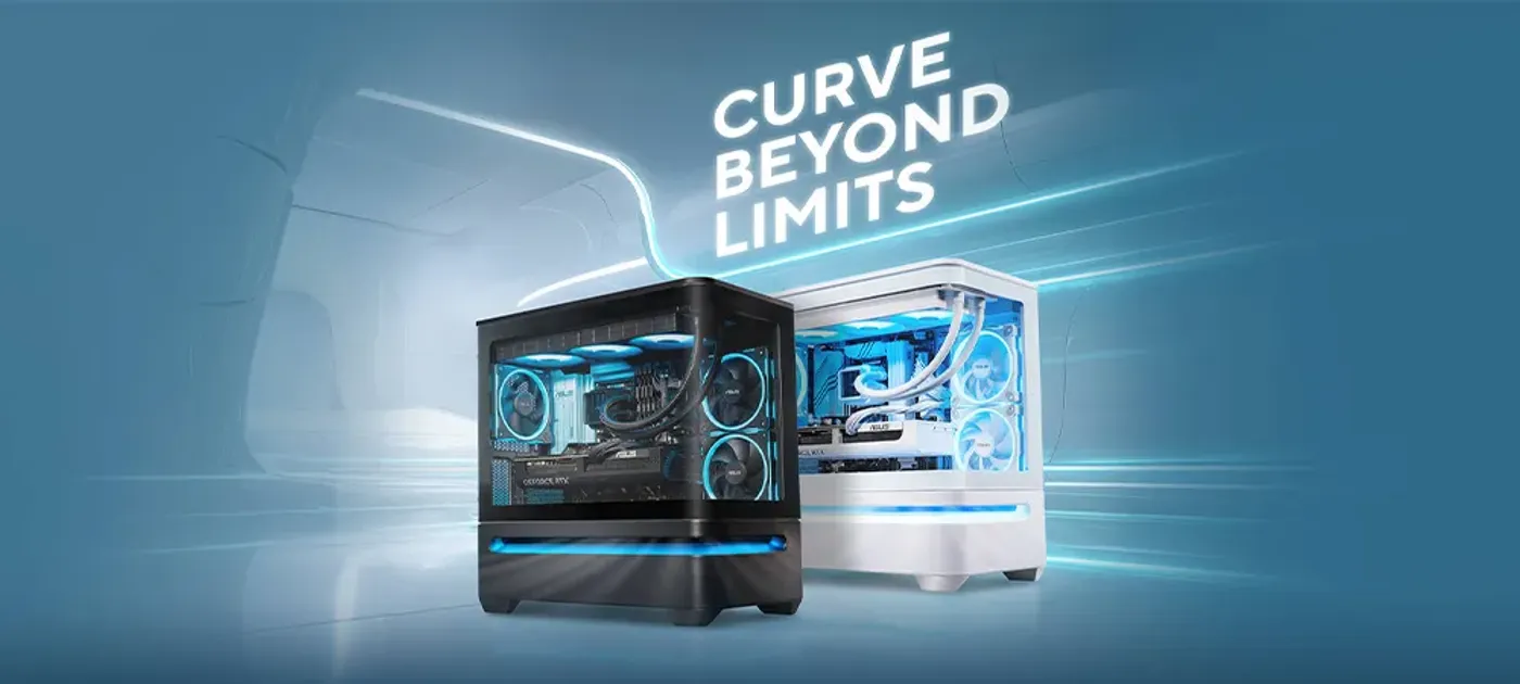 Curved tempered glass panel showcasing internal PC components
