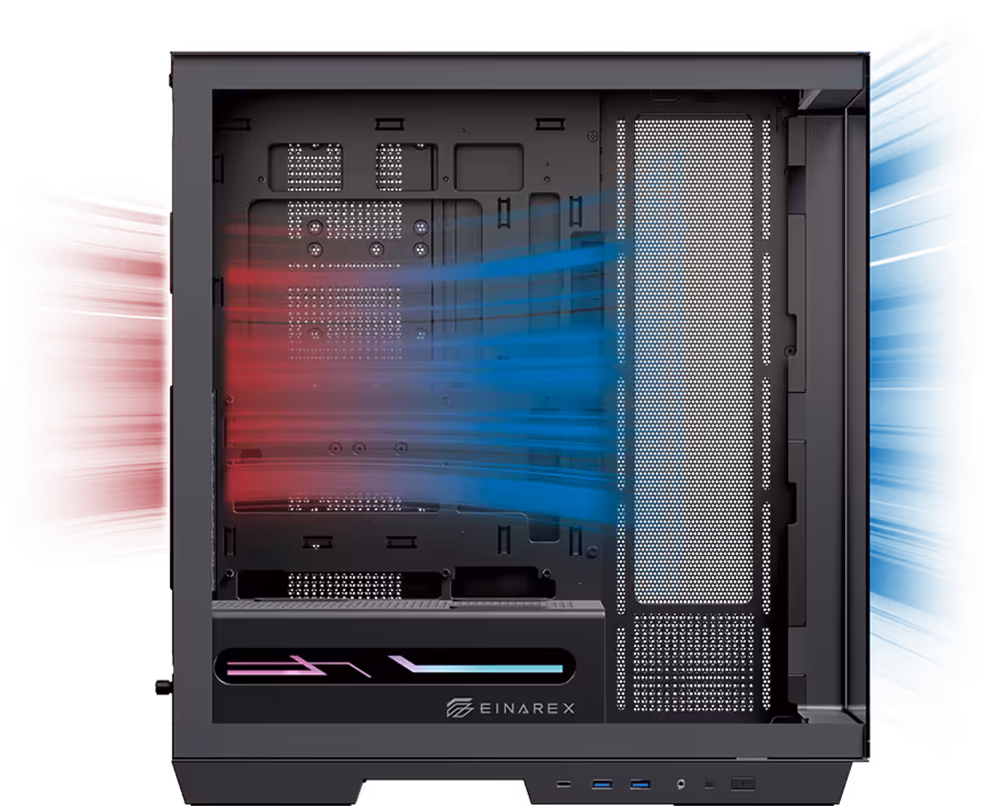 Z1K PC case showing perforated panels and internal fan layout for optimized airflow