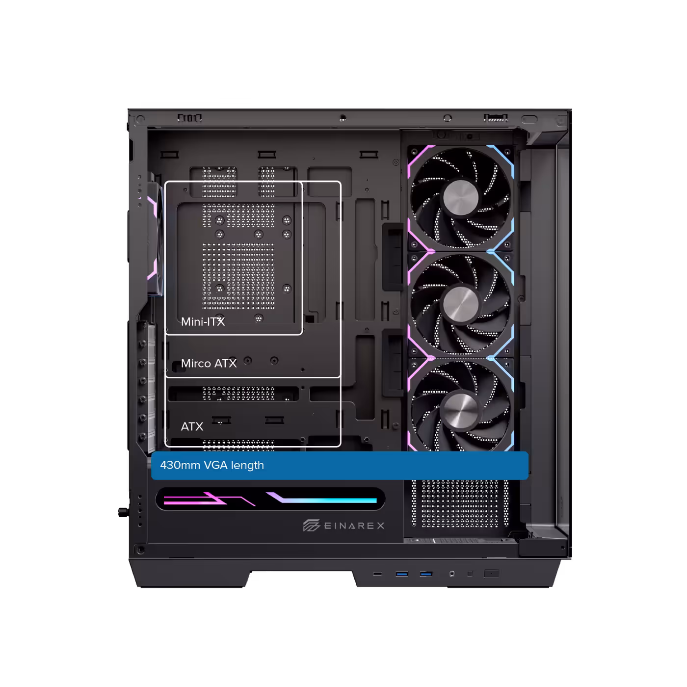 Internal chassis layout showing capacity for components and cable management