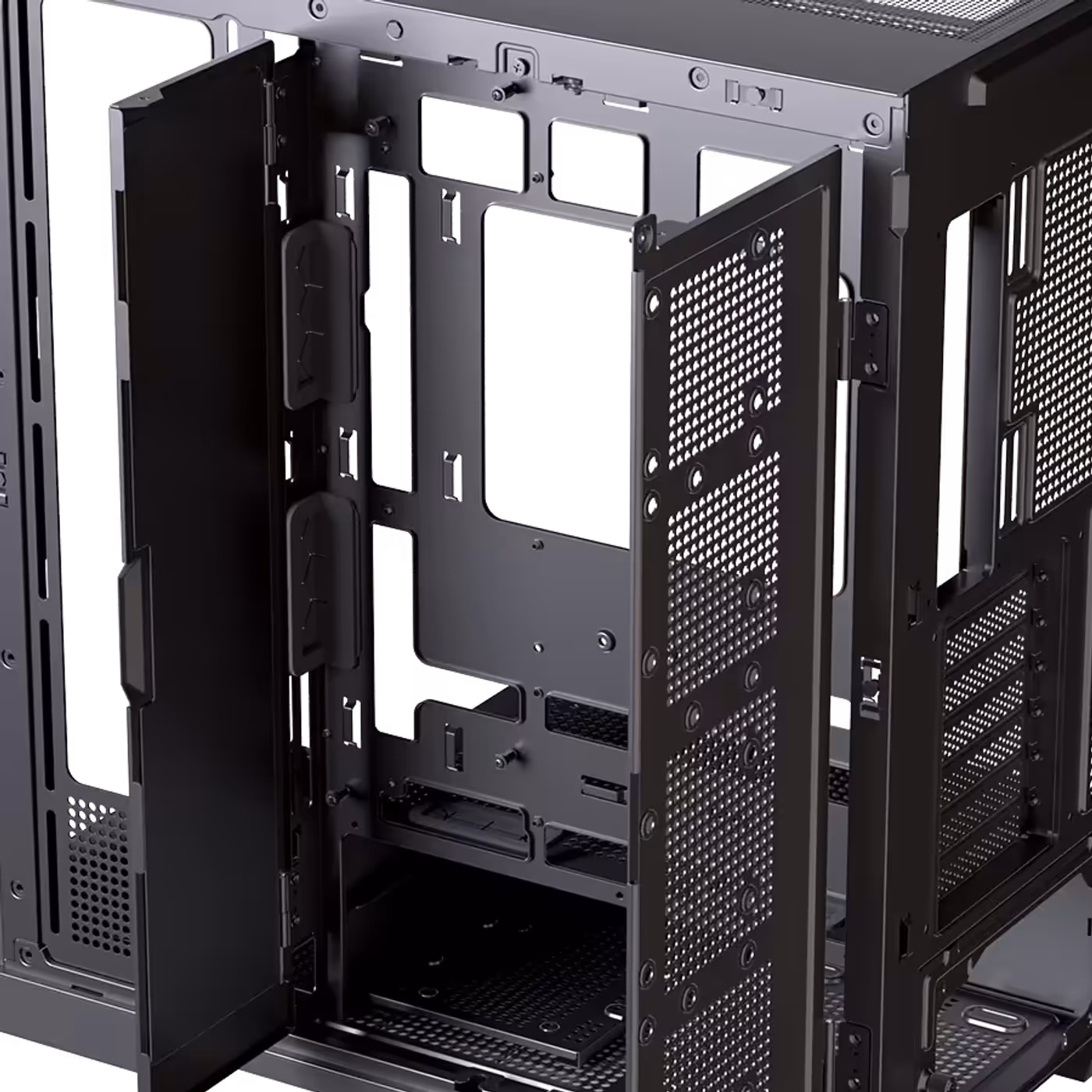 Hinged steel cover hiding cable routing zone for a clean internal aesthetic
