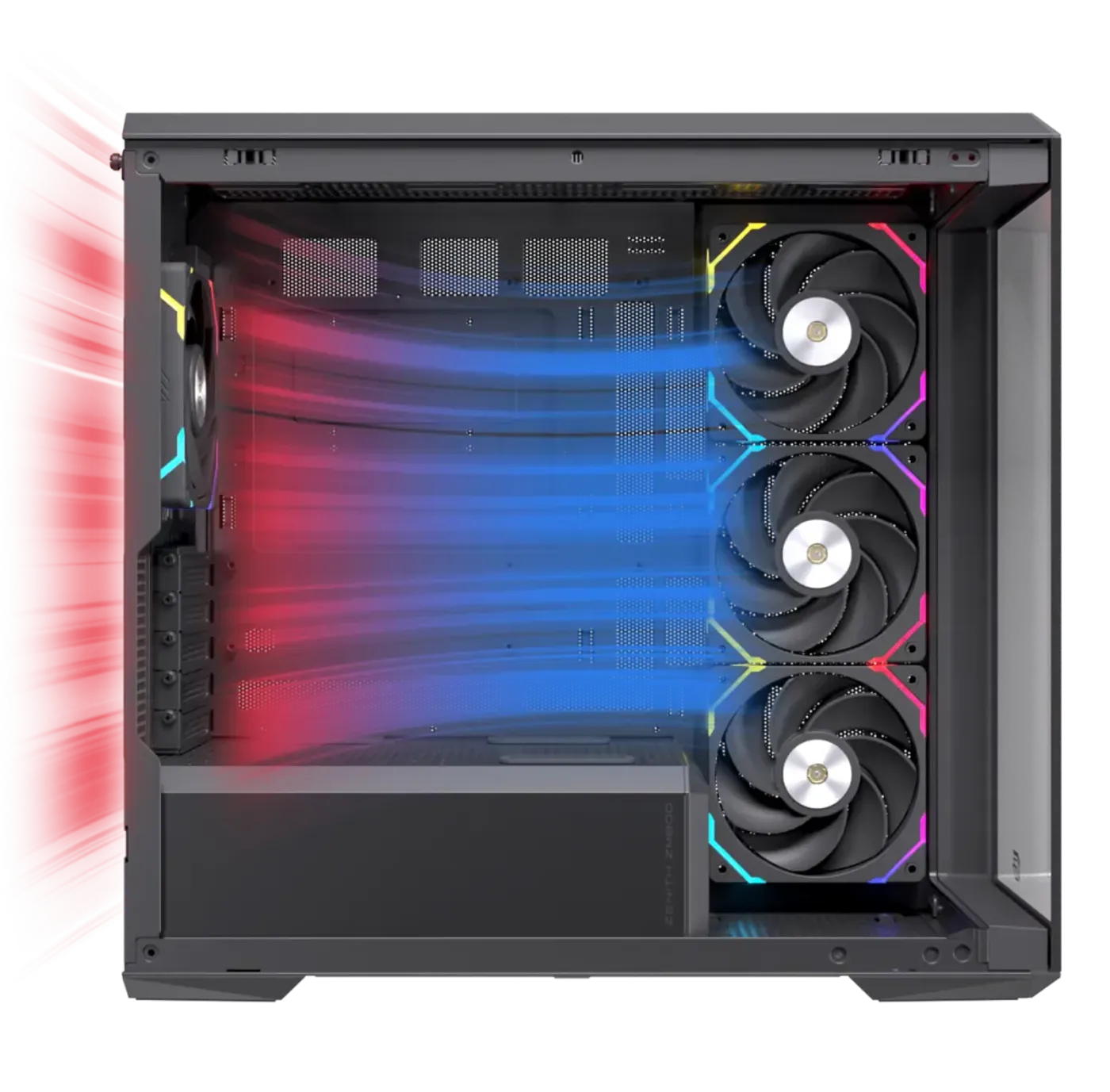 Diagram illustrating optimal airflow pathways and fan placements within the Zenith ZM800 chassis.