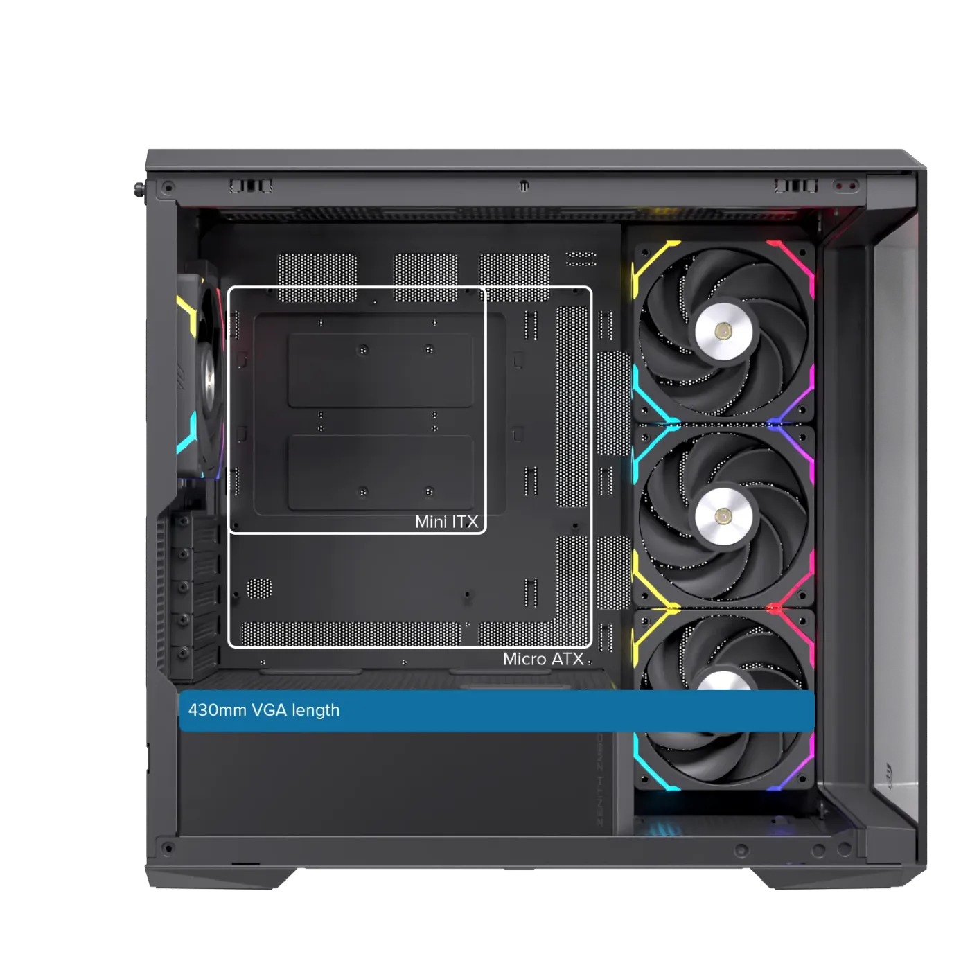 Diagram detailing component capacity limits, including motherboard sizes, for the ZM800 case.