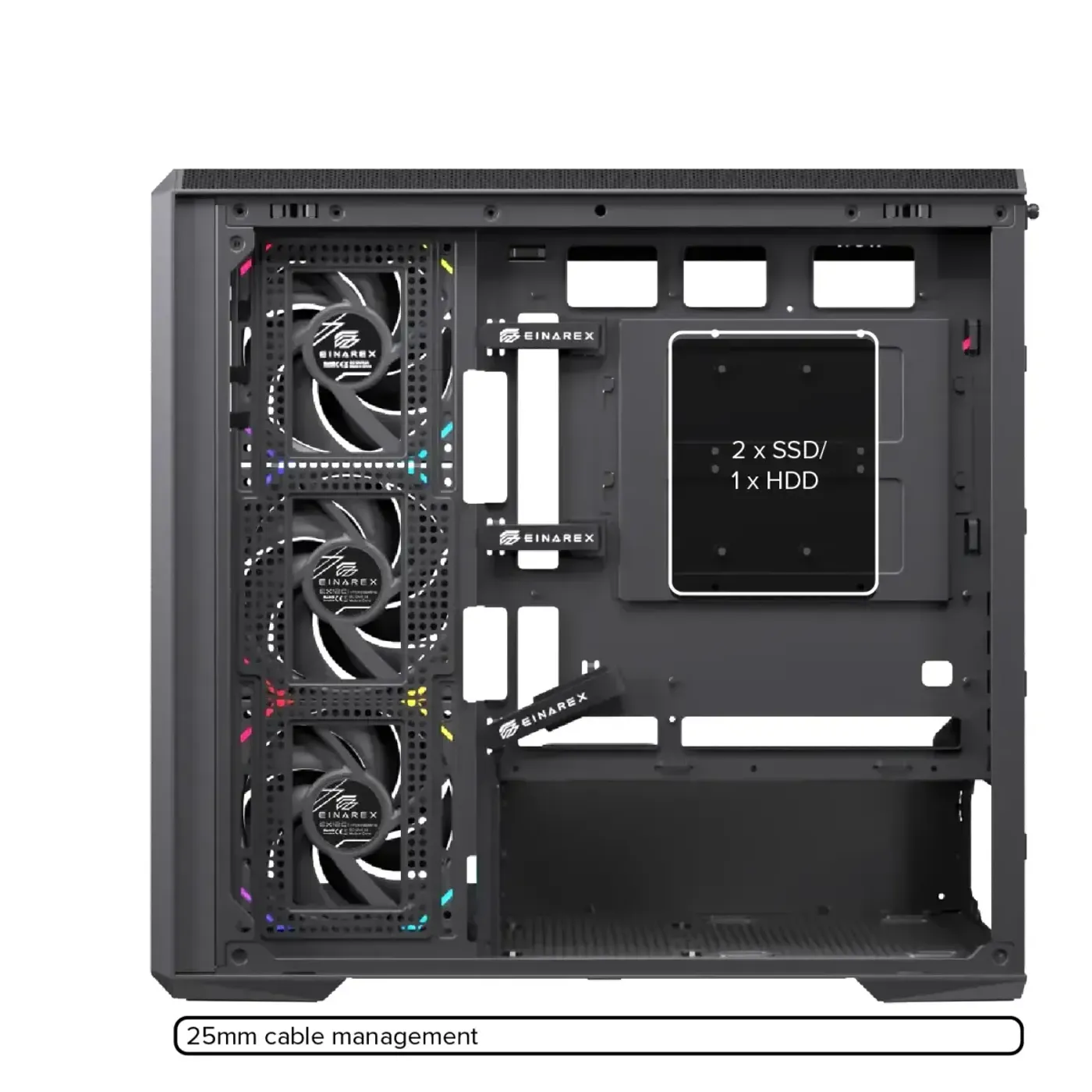 Technical graphic detailing the internal drive bays for 2.5-inch and 3.5-inch storage devices.