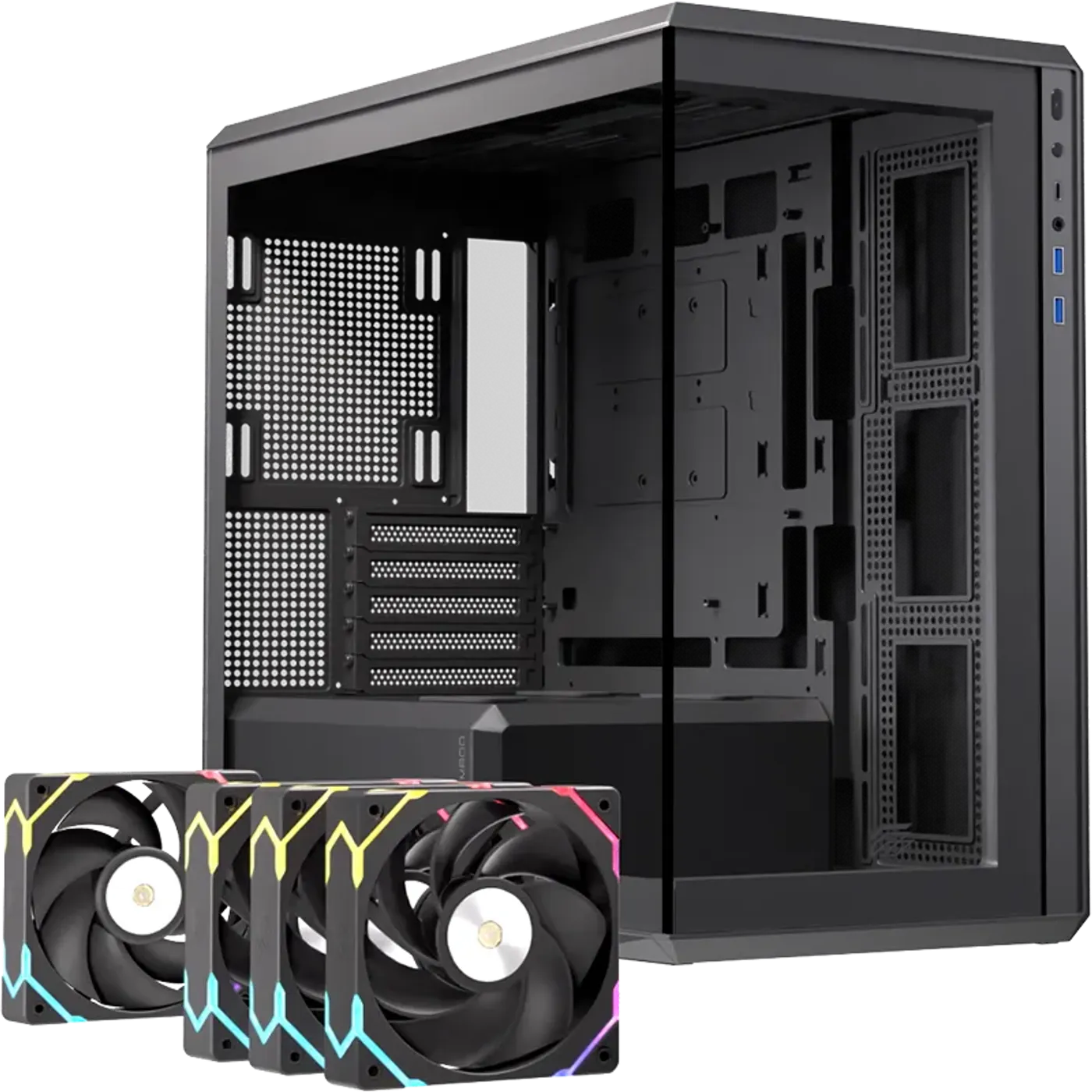 Black RGB version of the ZM800 chassis displaying three side and one rear RGB fans.