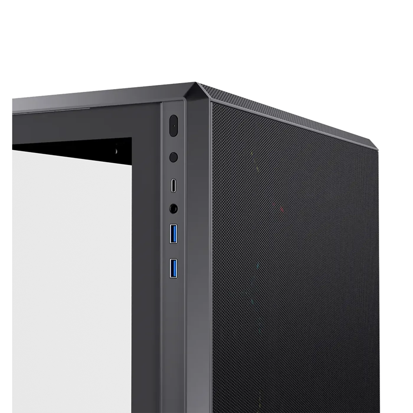 Close-up image of the ZM800 front I/O panel, showing the USB Type-C and dual USB 3.0 ports.