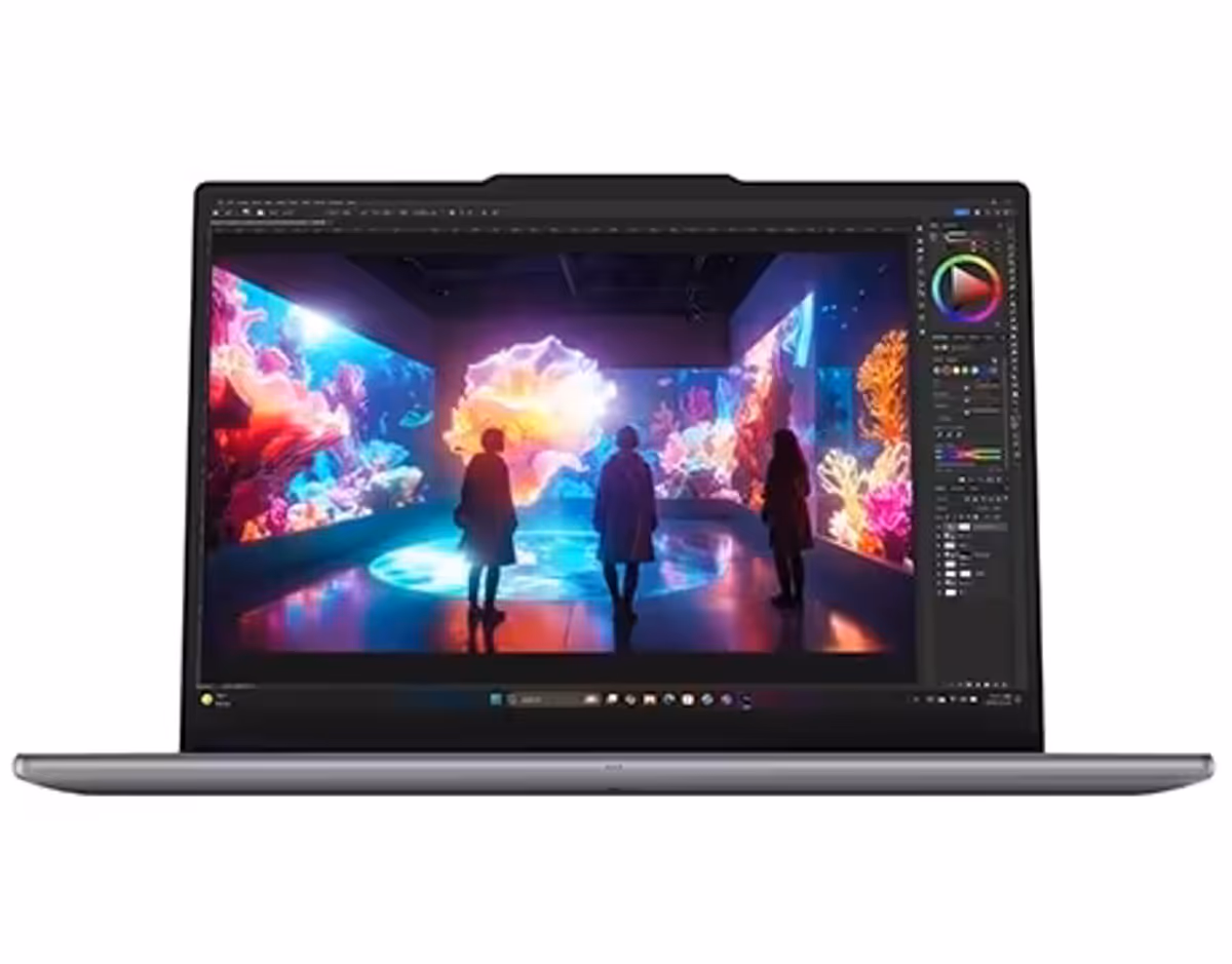 Front view of the Lenovo Yoga Pro 7i Gen 11 Aura Edition (15” Intel) with human figures and undersea imagery on the display.