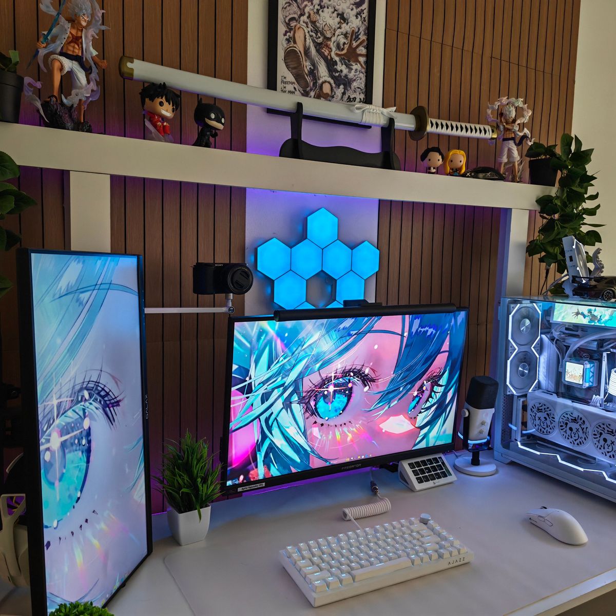 Clean white aesthetic with anime accents