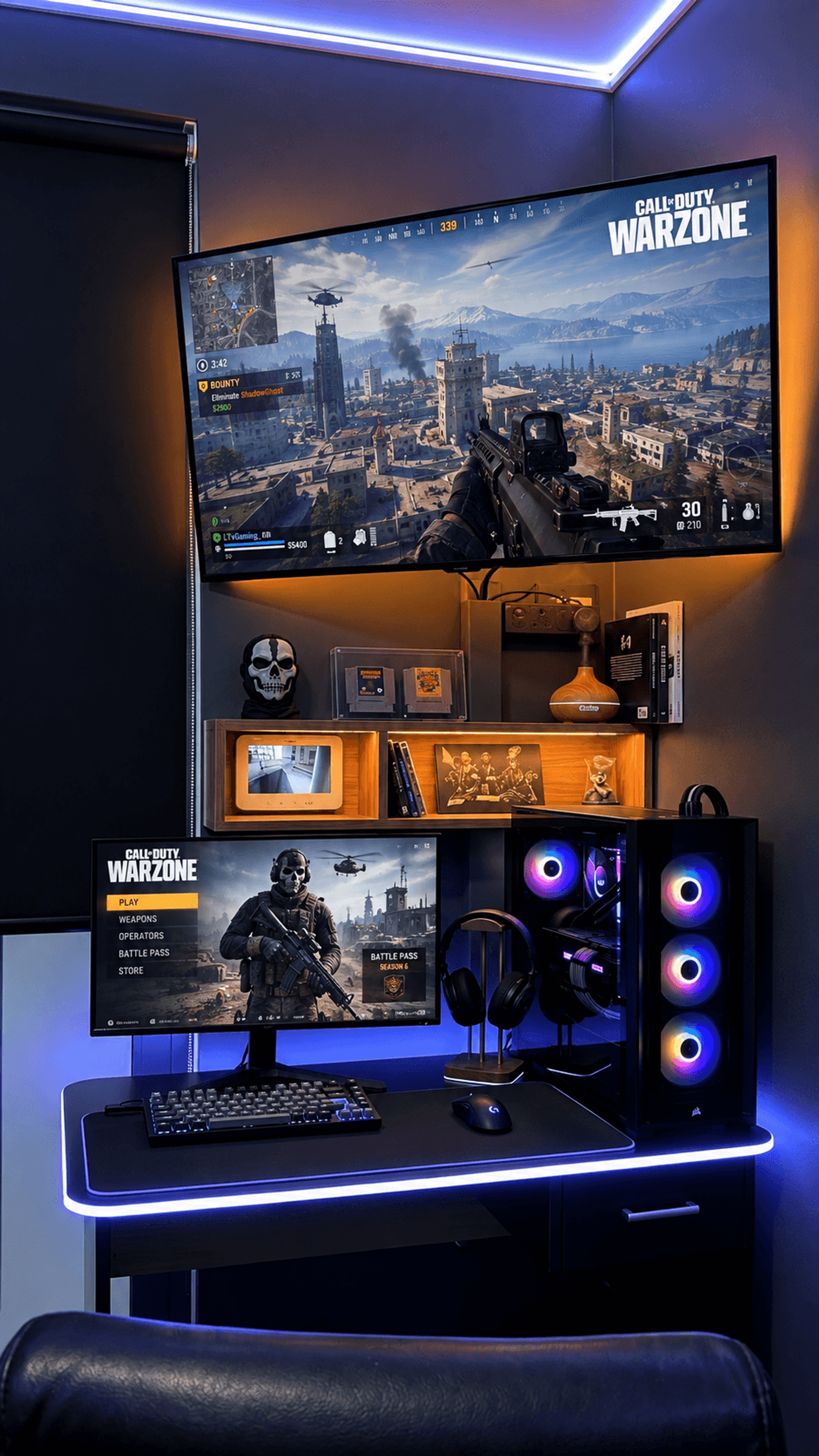 Corner setup with wall-mounted display