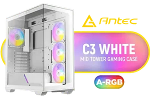 Antec C3 ARGB White - 3 x 120mm & 1 x 120mm ARGB PWM Fans Included - Up to 8 Fans Simultaneously - Type-C - Seamless Tempered Glass Front & Side Panels - 360mm Radiator Support - Mid-Tower ATX PC Case / 0-761345-10032-8